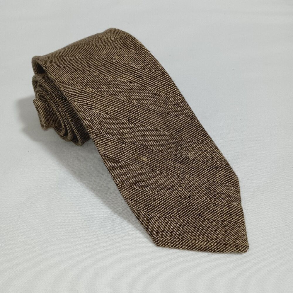 Vintage Lands End 100% Linen Mens Tie Dark Khaki Made In USA 61"X3.5"